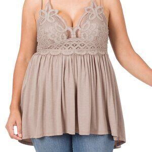 Zenana Crocheted Lace Peplum High Low top